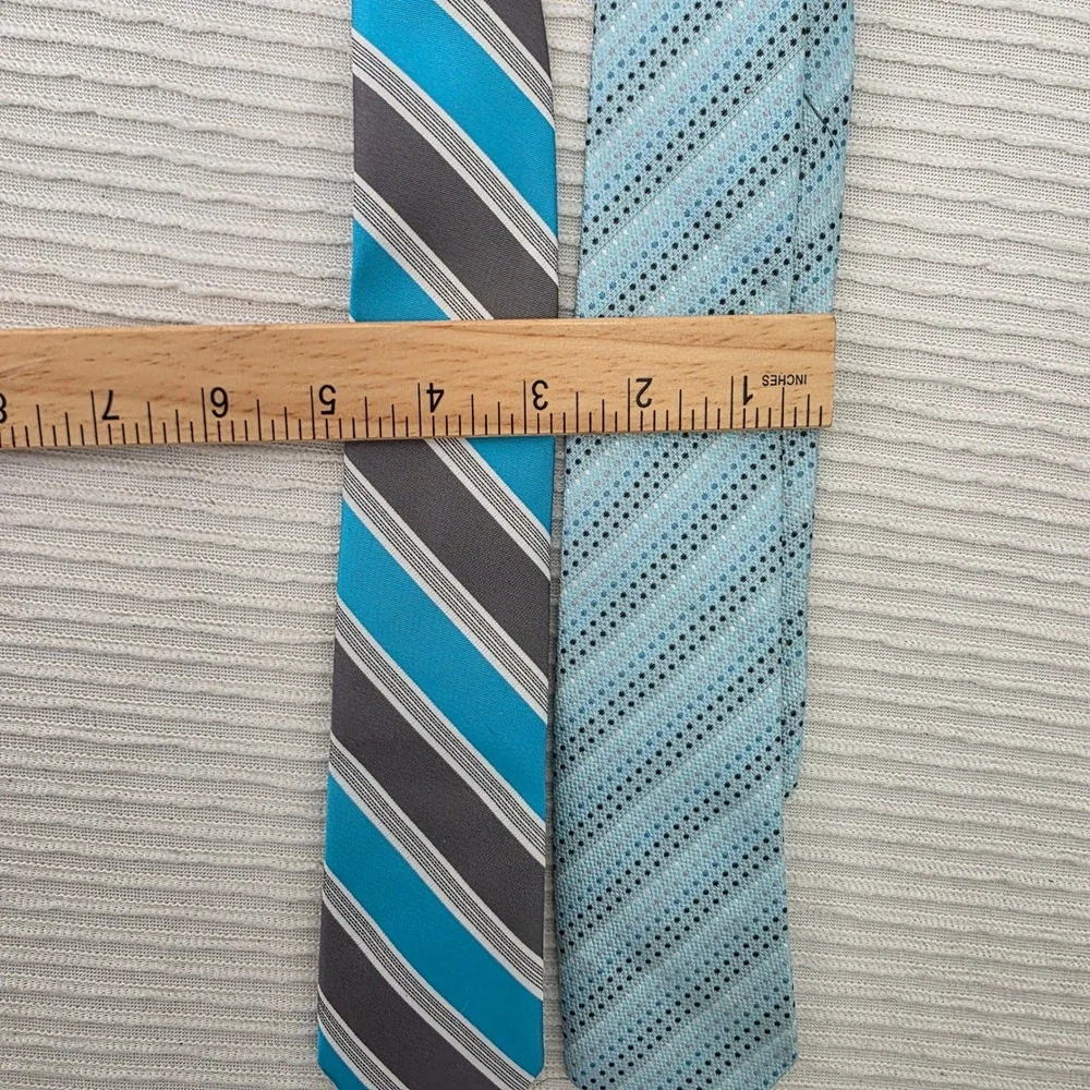 Boys Clip On Necktie Set of 2 Turquoise Grey Stripe Light Blue Dotted RN 29526